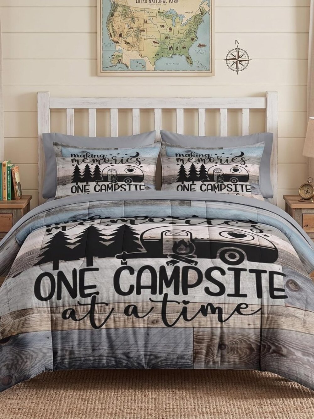 5 Pieces Comforter Set Twin Size, Camping Camper Rv Bedding Set with Fitted Shee